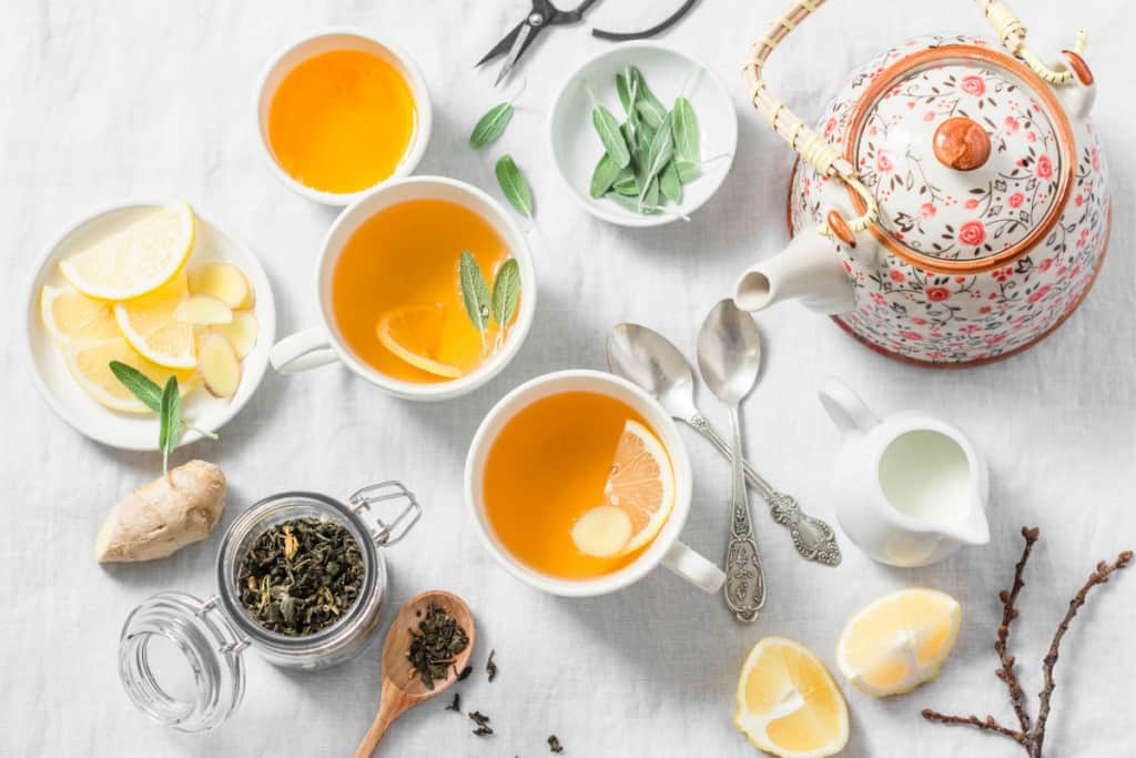 tea benefits and teapot flatlay