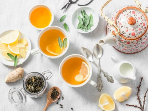 tea benefits and teapot flatlay