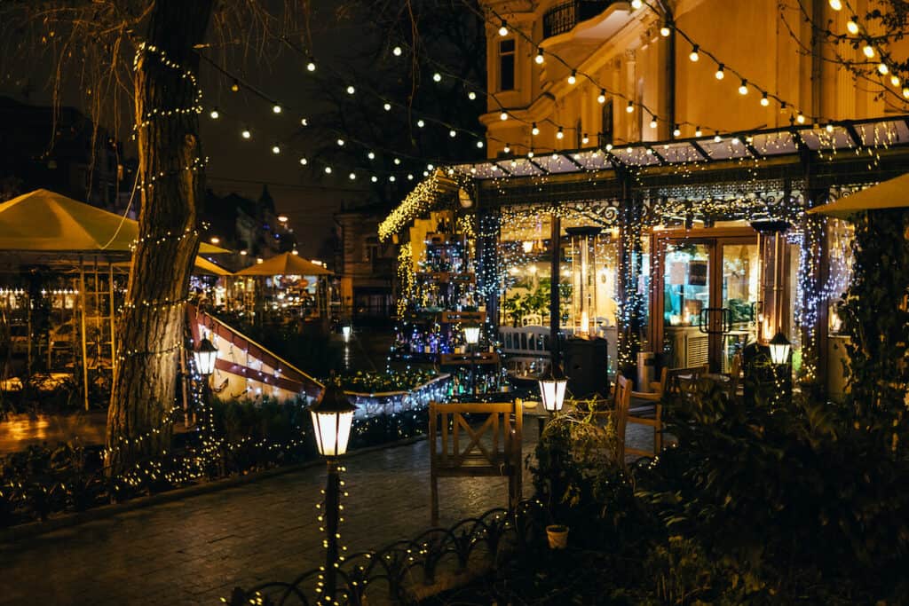 City building decorated with Christmas lights at night.